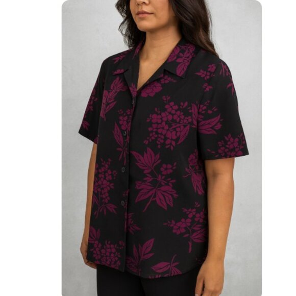 Vintage 90s Liz Baker Floral Button-Up Women's 16 Top - Black and Purple - Picture 14 of 15